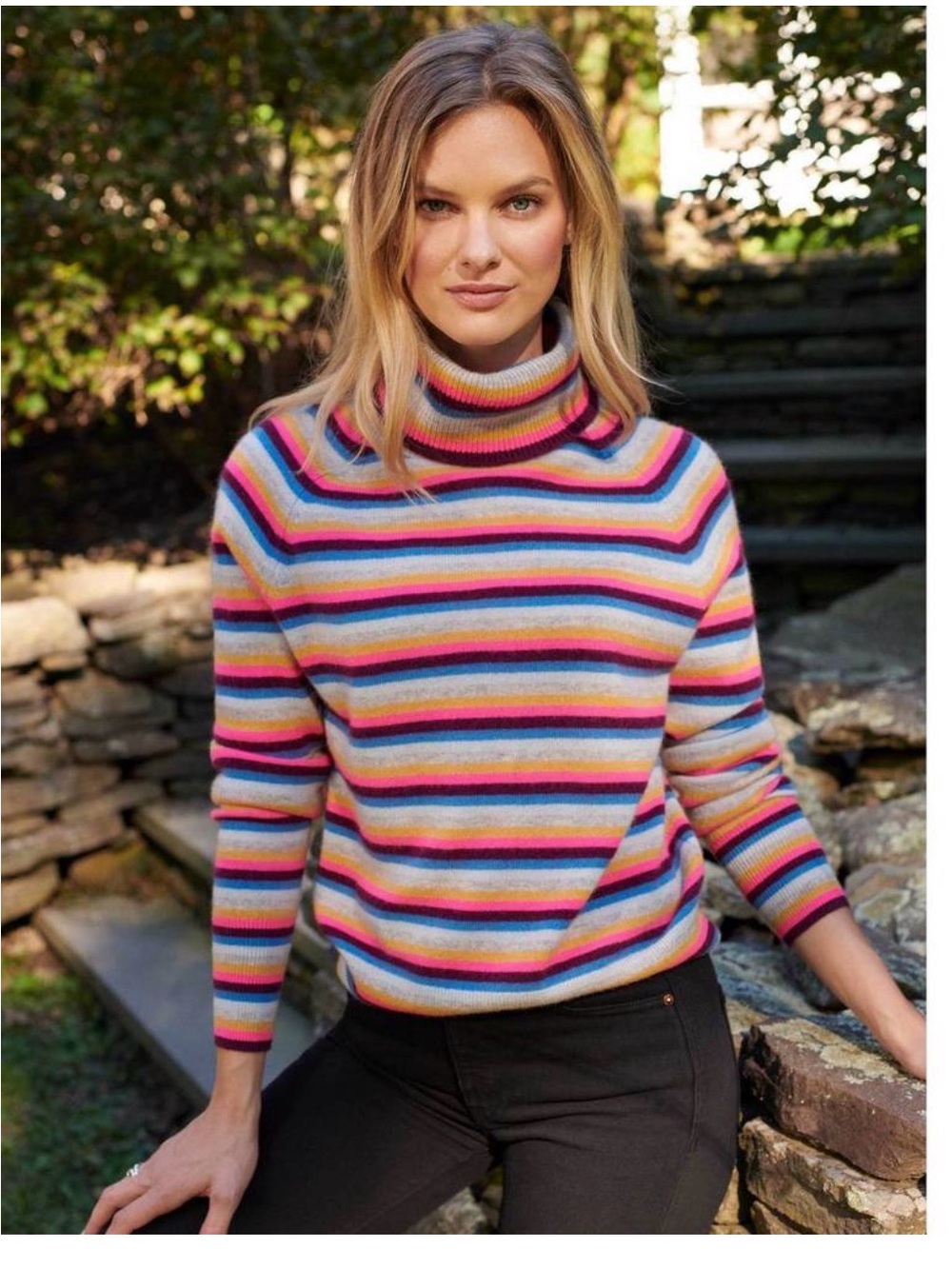 White + Warren CASHMERE COLORFUL STRIPED TURTLENECK M - Picture 2 of 8